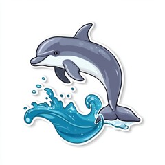 Obraz premium Sticker of a cheerful dolphin leaping out of the water, flat vector illustration, on white background, digital sticker, clipart 