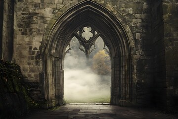 Fototapeta premium Mysterious Gothic Archway Shrouded in Atmospheric Mist and Fog Leads to an Enigmatic Otherworldly Landscape