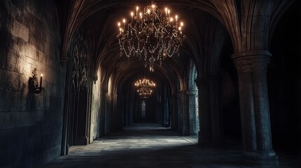 Obraz premium Majestic Gothic Hallway in an Ancient Castle with Ornate Chandelier Lighting