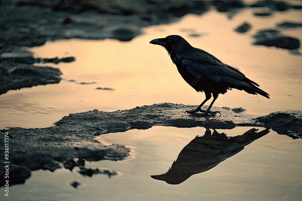 Wall mural a raven reflection is captured in tide pools