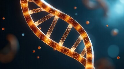 Detailed closeup of a DNA strand made of light and particles, representing biotechnology and genetic research