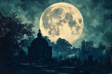 Obraz premium Enchanting Moonlit Cityscape with Gothic Silhouetted Architecture under Dramatic Cloudy Night Sky