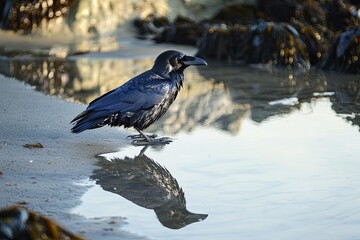 Fototapeta premium a raven reflection is captured in tide pools