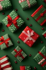 A collection of beautifully wrapped gift boxes in green and red with various patterns and bows, laid out on a green surface, symbolizing the joy and spirit of Christmas giving.