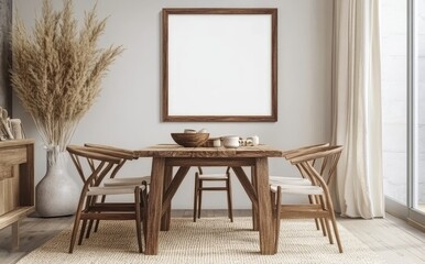 An interior mockup of a modern living room with an eating table and decorations