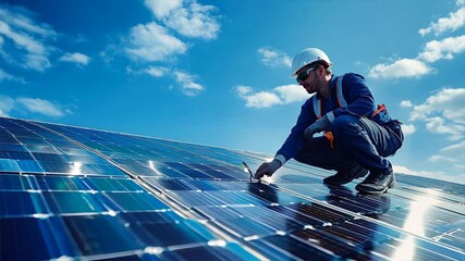 Engineer in uniform and helmet working on an array of solar panels under clear blue sky, representing renewable energy and sustainable technology.