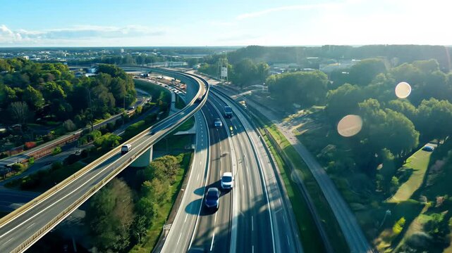 Aerial view of a vast, multi-lane highway stretching into the horizon, surrounded by greenery and a few scattered buildings	