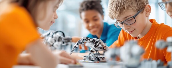 Diverse group of students collaborating on a robotics project, highlighting teamwork and hands-on learning in a STEM curriculum.