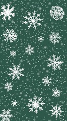 Image features an assortment of white snowflakes of various sizes on a dark green background, creating a winter and festive theme. The snowflakes are irregular and delicate in appearance.