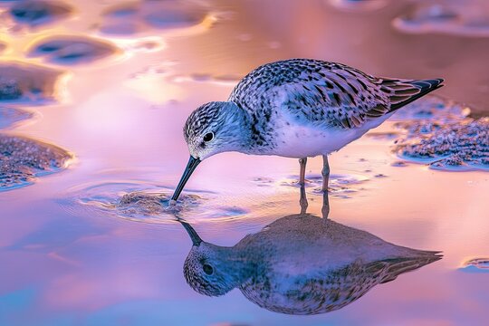  a sandpiper reflection is captured in tide pools