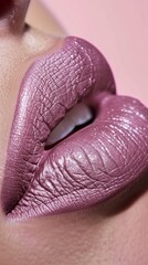 Soft pink lipstick enhances the allure of voluptuous lips, showcasing their texture and color in stunning detail, creating a captivating aesthetic appeal