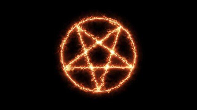 Mystical bright neon fire effect pentacle or inverted pentagram in circle on black background. Five pointed star.Spiritual and esoteric concept but demonic use as