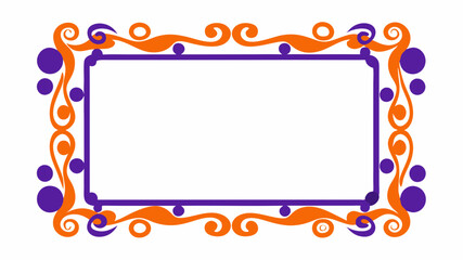 a decorative rectangular frame with an intricate design. The frame is bordered with a combination of orange and purple colors. The design features swirling patterns and circular shapes