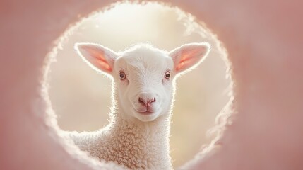 Fototapeta premium A fluffy white lamb peeks through a hole in a pink surface, bathed in warm sunlight.