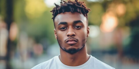 Fototapeta premium A close-up portrait of a young black man wearing a casual t-shirt, with a blurred background.