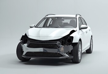 Naklejka premium Front of white modern car crash accident isolated on white background. protect, insure, broken, damaged, copy space, life insurance, 3d rendering 