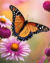 Naklejka premium butterfly on purple bloom, close-up of butterfly on floral, purple flower with colorful butterfly, butterfly on petal detail, purple flower and butterfly macro, butterfly on vibrant floral, purple 