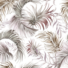 Dry Palm Leaves Pattern. Seamless background with tropical  fronds in Boho style. Hand drawn watercolor coconut treeon beige backdrop for wallpaper or textile design. Ornament for print.