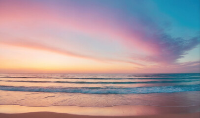 The sky is a beautiful mix of pink, orange, and blue as the sun sets over the ocean, creating a breathtaking view