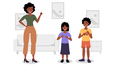 Parent teaching kids about responsibility in a cozy living room setting during the day