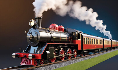 Obraz premium A vintage steam locomotive pulls a train of passenger cars along a track