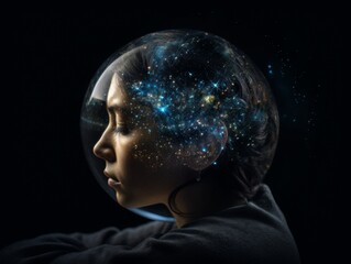 Cosmic Mind. Portrait with a Glass Globe Head Filled with Stars