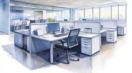 Modern office workspace with cubicles, desks, chairs, and computers.