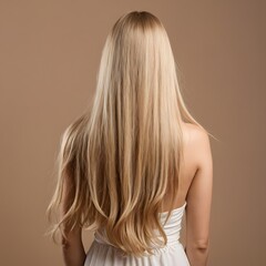 Fototapeta premium Female back with long straight blonde hair in hairdressing salon 