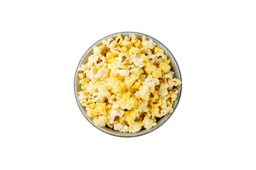 Salted popcorn isolated on white background. Cinema and entertainment concept. Movie night with popcorn. Delicious appetizer, snack.