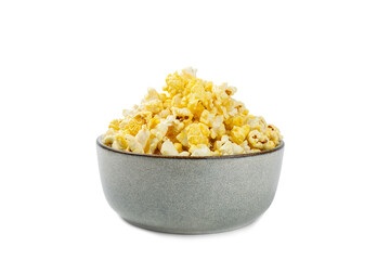 Salted popcorn isolated on white background. Cinema and entertainment concept. Movie night with popcorn. Delicious appetizer, snack.
