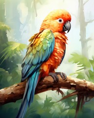 Obraz premium Vibrant parrot plumage perched on a branch in a lush forest. Watercolor style. Nature scene