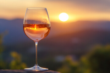 A glass of wine is sitting on a table with a beautiful sunset in the background