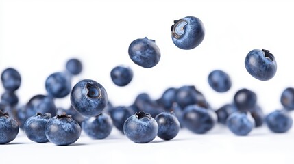 A group of blueberries falling on a white background with a few blueberries suspended in the air.