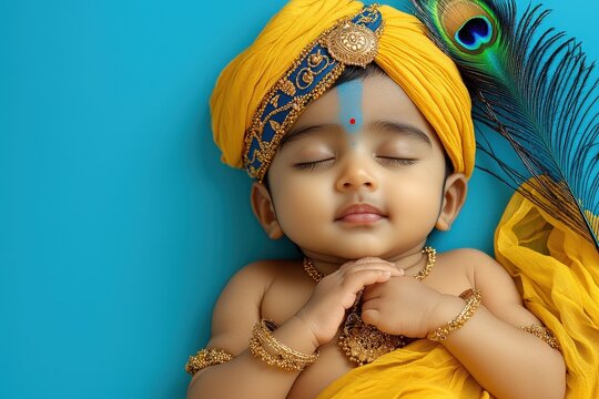 A cute little baby Krishna with a peacock feather, peacefully sleeping, representing the Hindu god Lord Krishna during Krishna Janmashtami and Govardhan Puja.

