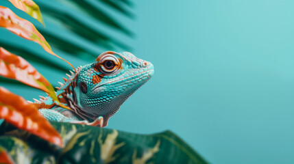 Fototapeta premium Vibrant Colorful Reptile Perched Amidst Lush Tropical Foliage in Bright Setting