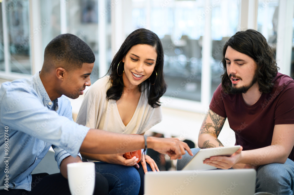 Poster business, people and communication with technology in office for conversation, brainstorming and dig