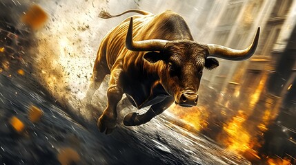 Raging Bull Charging Through Fiery Storm