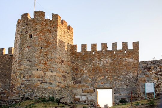 historical enez (ainos) castle walls in the summer, edirne