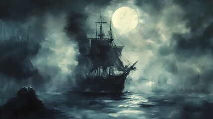 Haunting Sailboat in Stormy Moonlit Sea   Dramatic Supernatural Seascape Scenery