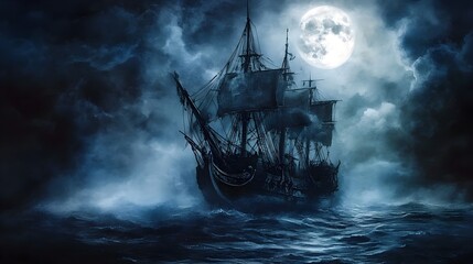 Fototapeta premium Haunting Galleon Sailing Across Stormy Moonlit Seas