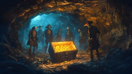 Fototapeta premium Team Discovering Glimmering Treasure Chest in Mysterious Cave