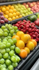 Vibrant assortment of fresh fruits including grapes, oranges, apples, and lemons displayed in a market setting.