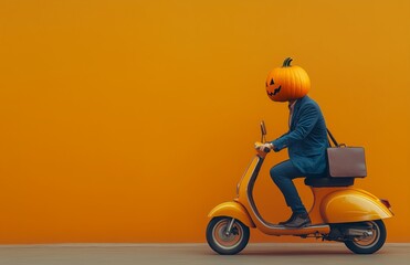 A pumpkin headed man rides a scooter while carrying a briefcase on an orange background
