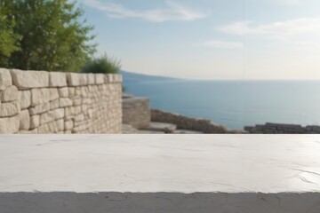 Empty white stone table photo for product with white stone house wall background, 