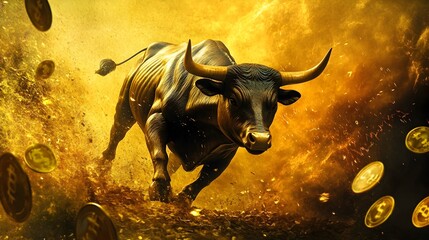 Furious Golden Bull Charging with Incredible Speed and Power in Dramatic Outdoor Landscape