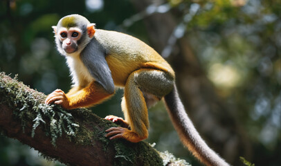 A squirrel monkey perches on a branch in a lush green forest