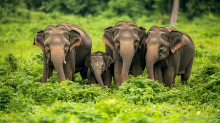 Elephant Family in Lush Greenery