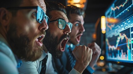 Three Men Celebrating Success at a Computer Screen