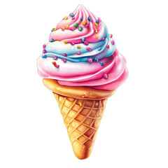 A vibrant ice cream cone featuring colorful swirls of pink and blue cream, topped with rainbow sprinkles. Perfect for summer treats.
