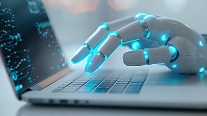 A robotic hand interacts with a laptop, symbolizing the fusion of technology and artificial intelligence in modern computing.
